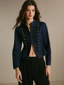 Poéselle Damjacka i denim med lång ärm, knappdesign och avslappnad Napoleon-stil - Mörktvätt - Visa 4