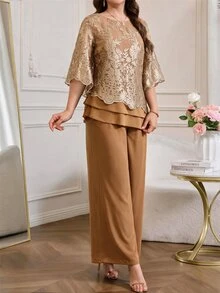 Amorya 女款圓領上衣與長褲休閒日常兩件套 - 卡其色 - 查看 5