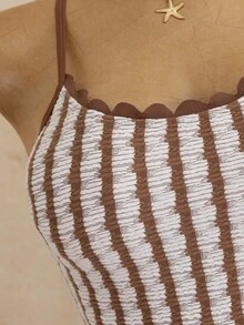 SHEIN SunnyBelle بدلة سباحة قطعة واحدة صفراء لطيفة لعطلة الصيف على الشاطئ، بطبعة حياة المحيط وألوان متباينة، بحمالات رفيعة وظهر مكشوف وقصة عالية ومثلثة ضيقة - بني - مشاهدة 5