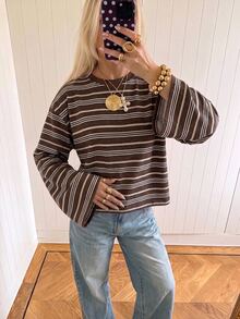 SHEIN EZwear 海外長袖巧克力條紋上衣，秋季上衣，適合日常通勤、聚會、秋冬春夏、聖誕節、新年、感恩節、派對、婚禮、海灘、畢業典禮、優雅、外出、約會、通勤、情人節、優雅、度假、Y2K、畢業典禮等場合 - 彩色 - 查看 5