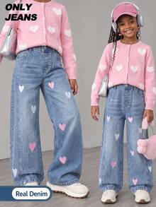 SHEIN Genkimix Kids 女童牛仔長褲 新季節可愛趣味風格 復古牛仔女郎牛仔風 淺藍色彈性腰頭 粉色白色愛心刺繡設計 貓鬍鬚 秋季 - 淺色水洗藍 - 查看 6