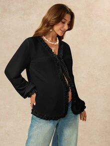 Boho Mama Maternity V-Neck Casual Everyday Outing Blouse - Black - View 7