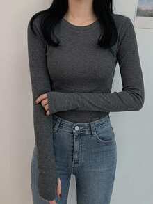 DAZY 女款純色修身百搭日常休閒T恤 - 灰色 - 查看 2