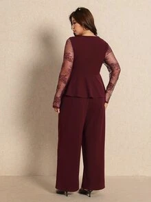 Elaquor Plus Size Elegant Lace Patchwork Top And Loose Long Pants 2 Pieces Set Fall/Winter Elegant 2 Pieces Set For Women Fall/Winter - Burgundy - View 2