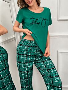 SHEIN 2件套：字母與蝴蝶結印花短袖睡衣上衣與格紋蝴蝶結睡褲 - 綠色 - 查看 3