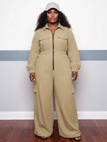 Slaydiva Plus Size Functional Style Cargo Jumpsuit, Long Sleeve Front Zipper Multi-Pocket Loose Streetwear One-Piece - Khaki - Khaki - View 8
