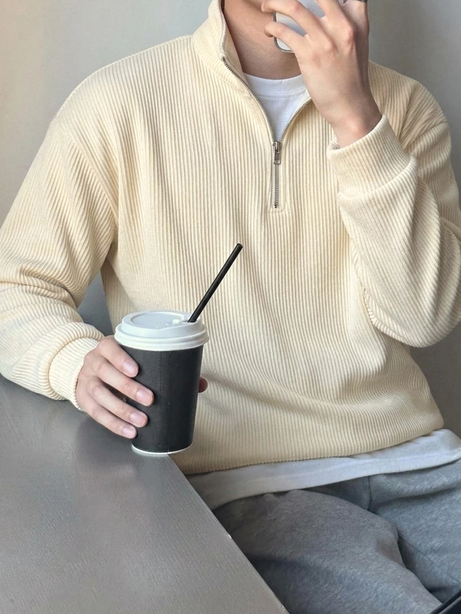 DAZY 男士針織羅紋拉鍊立領長袖杏色套頭運動衫,春秋連帽衫 - 杏色 - 查看 1