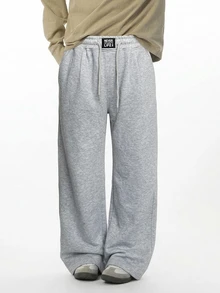 DAZY Autumn/Winter Thermal Lined Waistband Patch Elastic Waist Light Gray Straight Leg Men's Sweatpants - Light Grey - View 6
