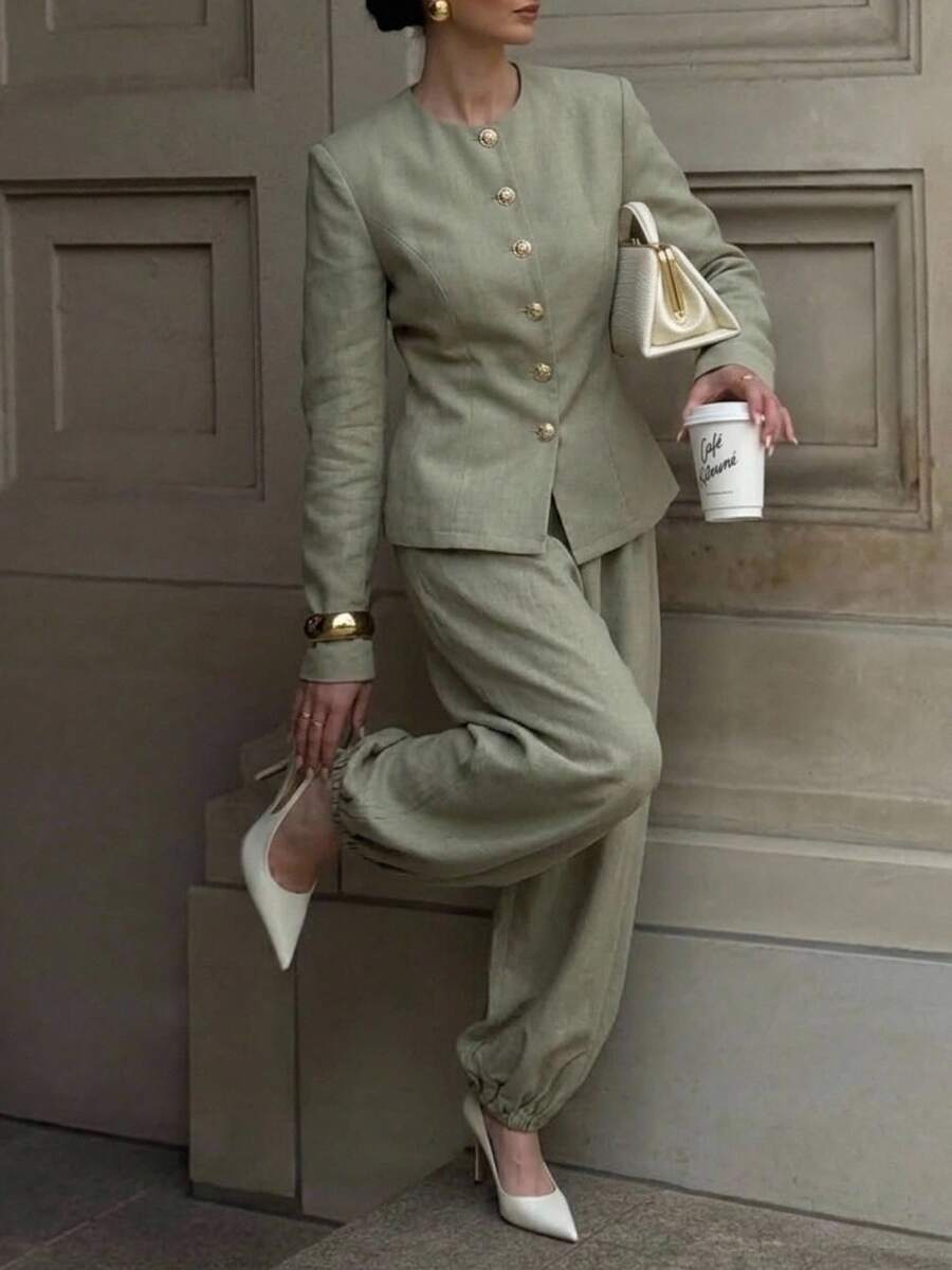 Aloruh Women's Metal Single-Breasted Long Sleeve Blazer And Tapered Pants Set, New Autumn/Winter - Green - View 1
