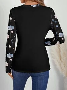 Rosumi Plus Size V-Neck Floral Print T-Shirt Suitable For Thanksgiving - Multicolor - View 2