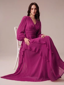 BELROSIE Lantern Sleeve Ruffle Trim Maxi Dress - Purple - View 3