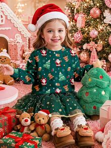 SHEIN Baby Girl Vintage Christmas Tree Print Loose Crew Neck Sweatshirt, Suitable For Autumn/Winter Party - Multicolor - View 6