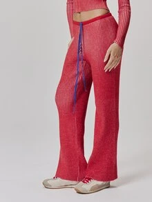MUSERA Contrast Stripe Fitted Flare Knitted Elasticated Waist Jogger Cute Daily Vintage Y2K Back To School Primary - Red - View 3