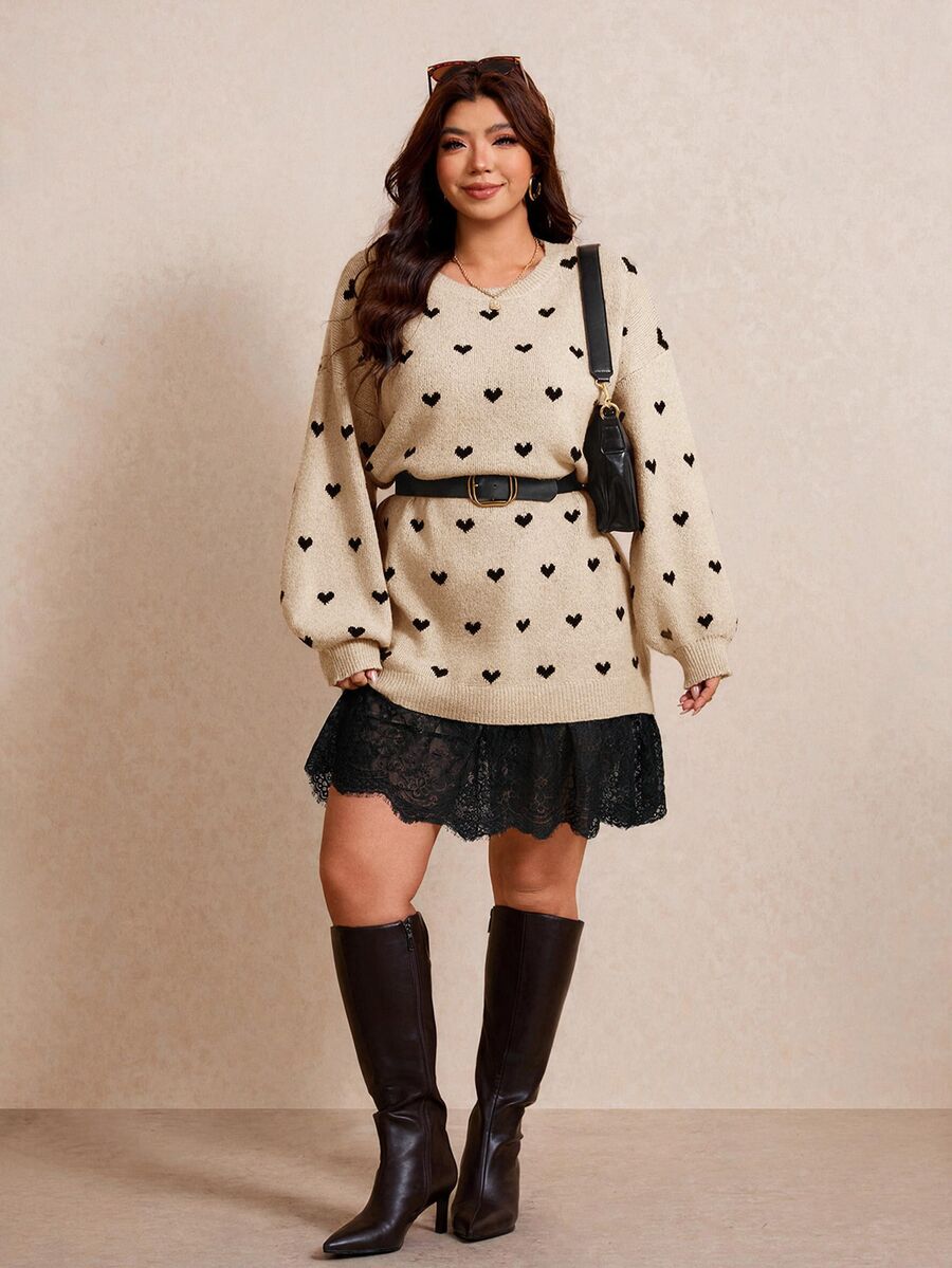 Elaquor Plus Size Women's Lace Patchwork All-Over Print Casual Daily Knit Dress Winter - Apricot - View 1