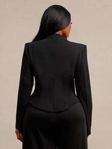 SHEIN SXY Black Padded Shoulder V-Neck Cropped Fitted Waist Blazer - Black - View 2