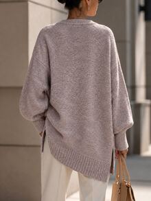 Wandoria Women's V-Neck Chunky Knit Slouchy Sweater Side Slit Loose Drop Shoulder Long Sleeve Knit Top - Mauve Purple - View 2