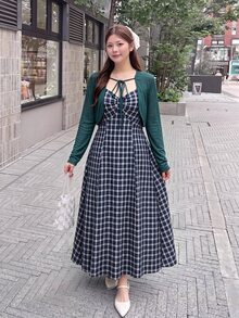 Bijouette Plus Size Korean Style Plaid Cami Dress With Lace-Up Long Sleeve Cardigan 2 Pieces Set Fall - Navy Blue - View 13