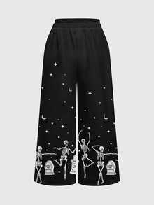 ROMWE Dark Gothic Little Devil Grave Halloween Dark Plus Size Pants - Black - View 2
