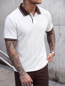 Manfinity CasualCool Casual Men's Patchwork Striped Short Sleeve Polo Shirt - White - View 3