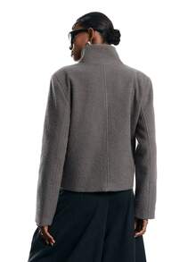 LYSMO Women's Solid Color Stand Collar Double Pocket Autumn/Winter Fashion Versatile Jacket With Airplane Buckle - Grey - View 2