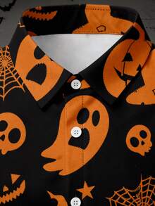 Manfinity Homme Men's Long Sleeve Skull & Pumpkin Print Button-Up Shirt - Multicolor - View 4