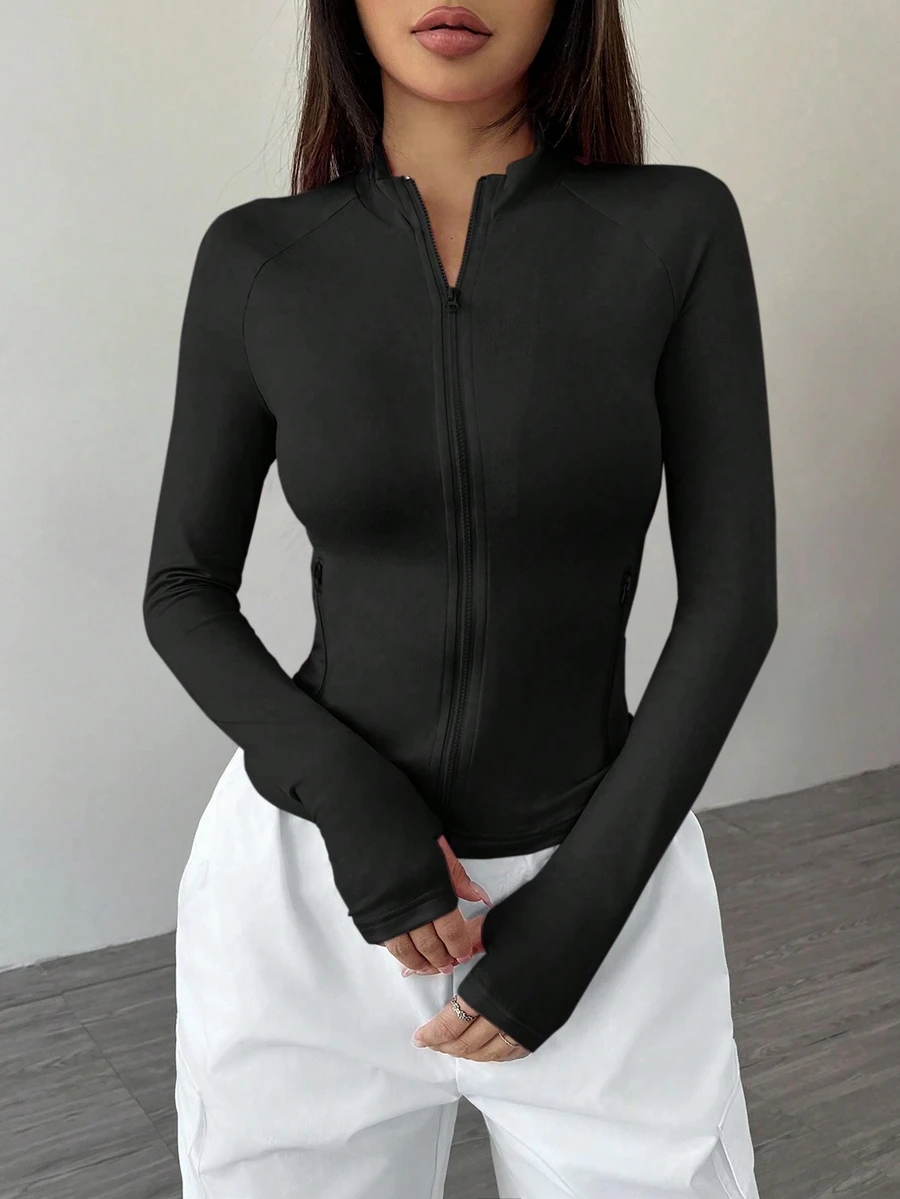 Elenzga Plus Size Women Black Zip Up Stand Collar Athletic Jacket ...