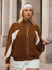 Voyena Women's Plus Size Colorblock Dropped Shoulder Long Sleeve Zip-Up Sports Jacket Fall - Coffee Brown - View 6
