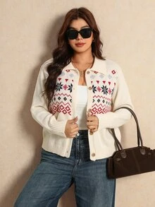 Elaquor Áo cardigan nữ size lớn thu đông họa tiết Fair Isle, cổ bẻ, cài nút đơn - Màu be - Xem 6