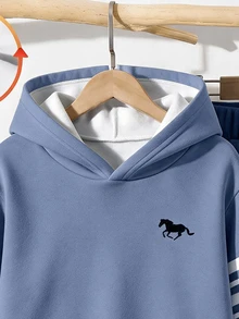 Tween Boy Casual Minimalist Long Sleeve Hooded Comfortable Sweatshirt 2 Pieces Set, Suitable For Autumn/Winter, Classic Retro Striped Pattern Print, Exquisite Knight Pony Logo Print - Multicolor - View 4