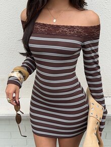 FavEase Women's Brown Dress With Straight Neckline, Striped Pattern And Lace Trim - Brown - View 7