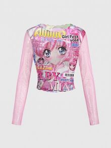 ROMWE Anime Girl Vintage Magazine Sexy Sheer Mesh Long Sleeve Women's Top - Pink - View 1