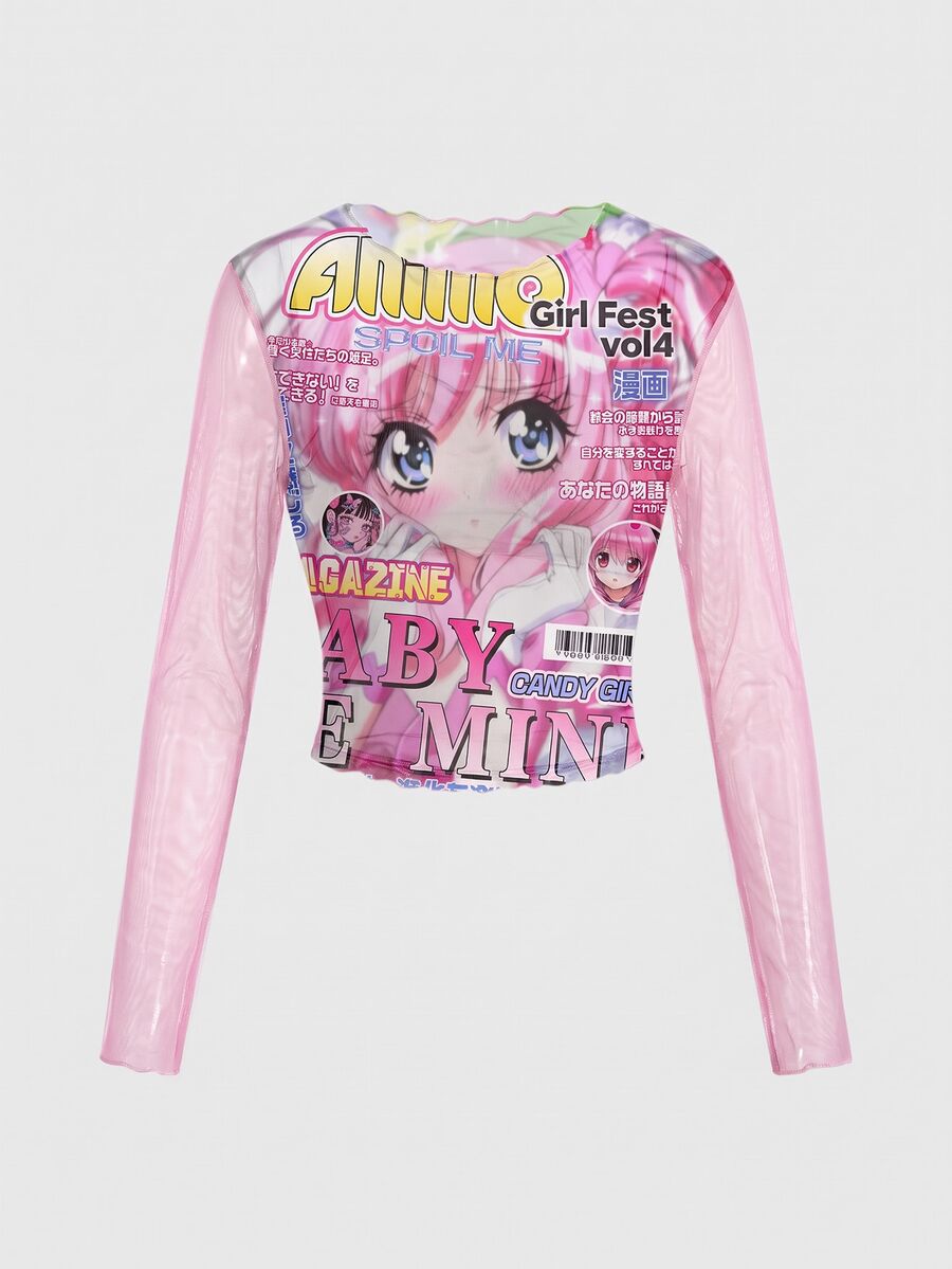 ROMWE Anime Girl Vintage Magazine Sexy Sheer Mesh Long Sleeve Women's Top - Pink - View 1