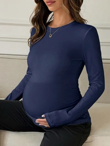 Dazy Maternity 純色修身圓領長袖休閒柔軟度假韓風春秋孕婦T恤 正式拍照用 白色 - 藏蓝色 - 查看 6