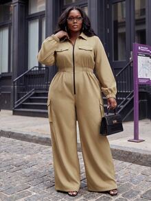 Slaydiva Plus Size Functional Style Cargo Jumpsuit, Long Sleeve Front Zipper Multi-Pocket Loose Streetwear One-Piece - Khaki - Khaki - View 5