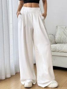SHEIN EZwear 女款白色高腰百褶寬腿長褲，夏季 - 白色 - 查看 6