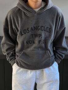 DAZY Men's Grey Fleece Hoodie With Black Letter Print On Chest, Autumn/Winter - Grey - View 6
