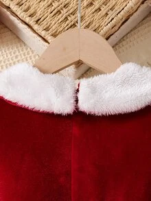 SHEIN Elladie kids 女童白色人造毛與紅色絨毛A字領口聖誕洋裝，優雅時尚舒適簡約，適合日常穿著與外出，適用於春、秋、冬季 - 紅白色 - 查看 6