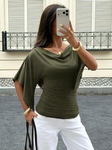 Siren Gaze 女款優雅秋季垂領短袖T恤，修身抓皺肩部上衣，適合早午餐、商務休閒辦公穿著襯衫 - 軍綠色 - 查看 4