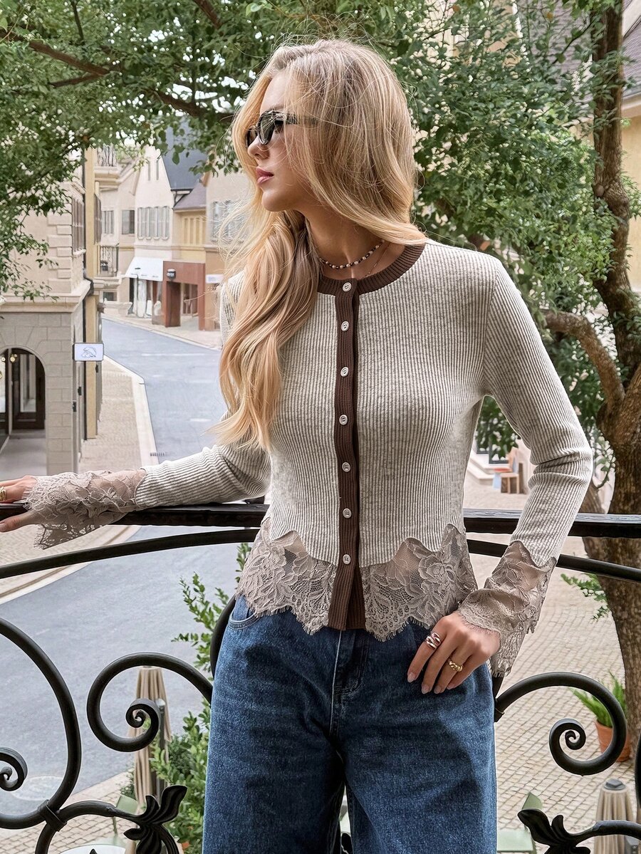 Serisse Women's Elegant Contrast Lace Trim Button Front Slim Fit Ribbed Knit Tee, Vintage Casual Long Sleeve Top, Fall Going Out Outfit - Apricot - View 1
