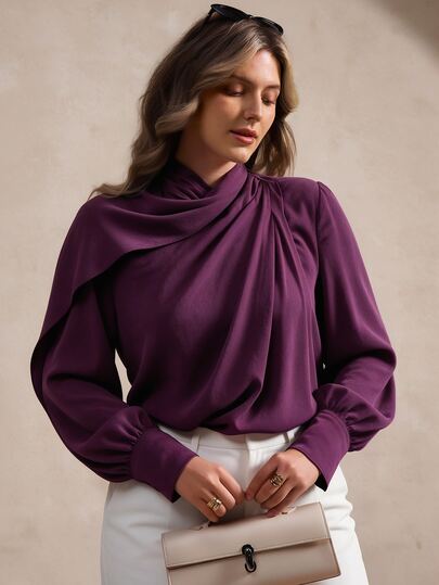 Elegantrix Women's Plus Size Elegant Vintage Purple Wrap Cowl Neck Shawl Pleated Design Lantern Long Sleeve Luxury Commuter Blouse
