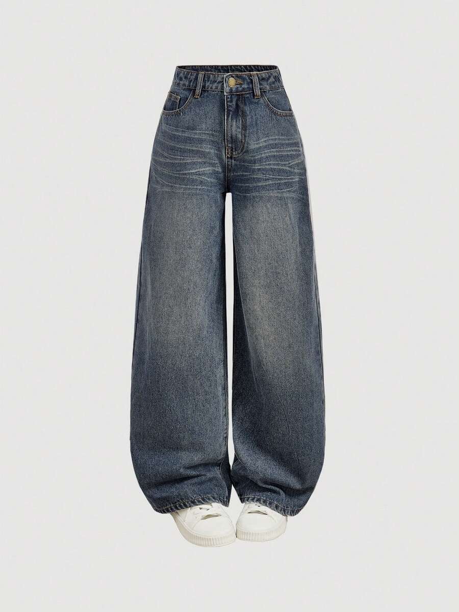 SHEIN Girlism 青少年女孩 Y2K 復古寬鬆寬腿牛仔褲 2000年代風格 春秋返校穿搭 - 深色水洗藍 - 查看 1