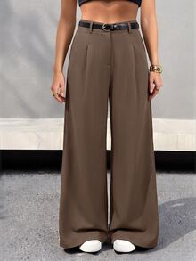 SHEIN PETITE 女款黑色純色寬腿休閒長褲附腰帶，適合小碼版型 - 棕色 - 查看 2