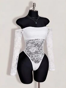 SHEIN ICON 女款露肩蕾絲拼接性感百搭約會與外出連身衣 - 白色 - 查看 4