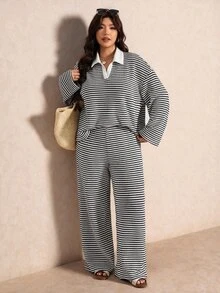 Elaquor 大尺碼女款條紋拼接長袖上衣與寬腿長褲休閒日常兩件套，秋冬休閒日常外出條紋套裝 - 黑與白 - 查看 4