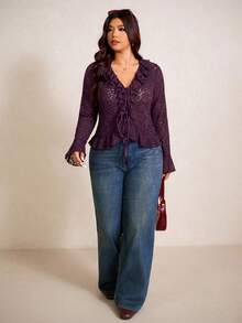 Elaquor Plus Size Women's Fashion Top With Ruffle Collar, Front Tie And Bell Sleeves - Purple - View 4