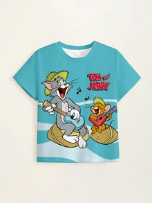 TOM & JERRY X SHEIN 小男孩字母卡通印花圓領短袖休閒T恤 - 白色 - 查看 4