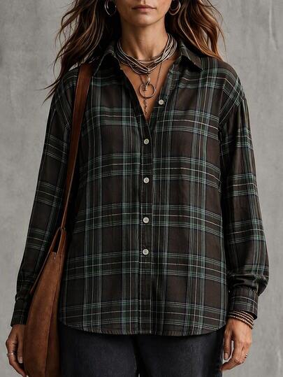 Linhara CURVE Women's Elegant Casual Commute Daily Wear, V-Neck Button Shirt Collar Puff Long Sleeve Loose Green & Brown Plaid Blouse