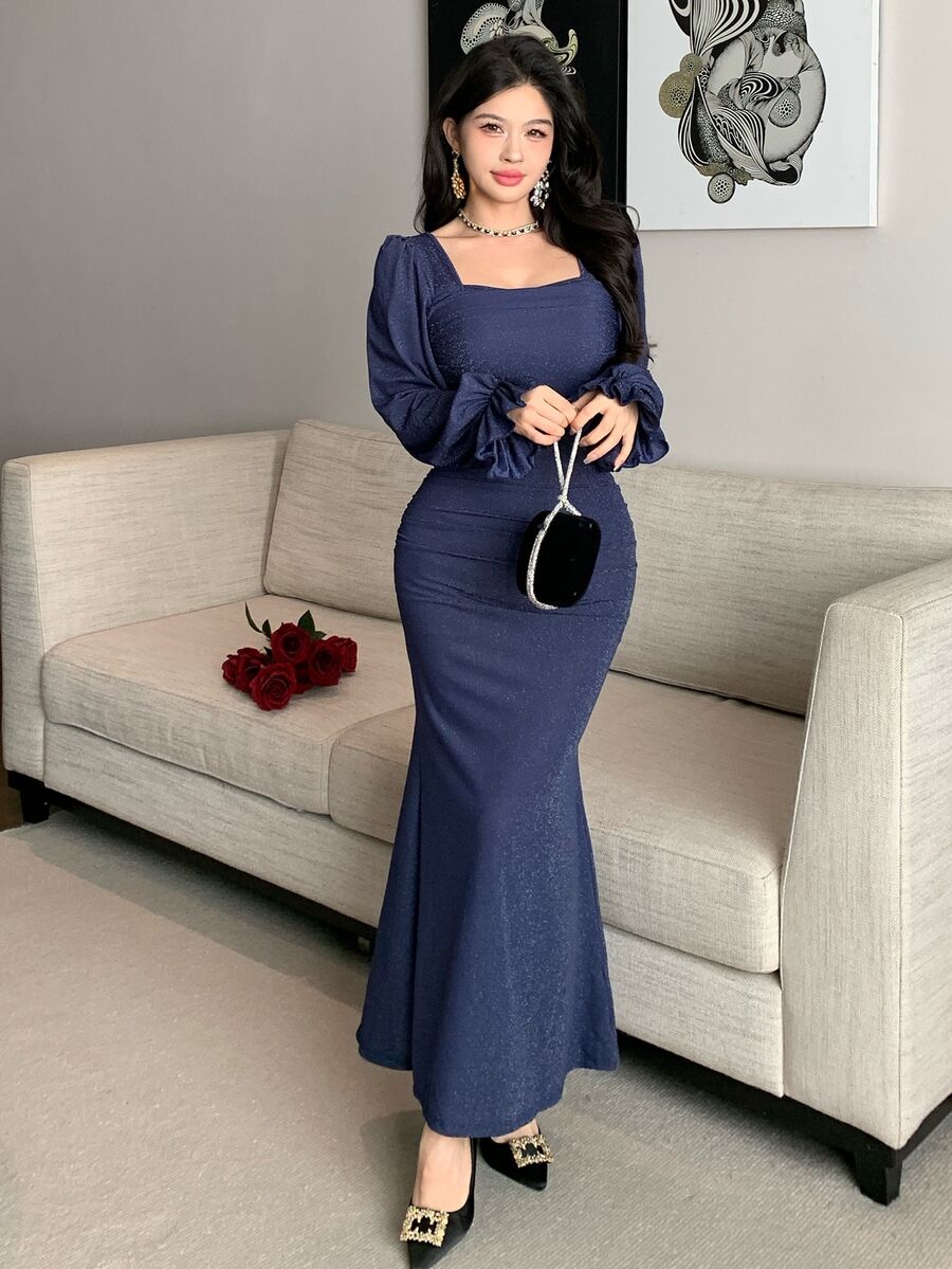 Feyla فستان سهرة طويل أنيق للنساء بلون موحد وياقة مربعة وأكمام طويلة من الشبك - الأزرق - مشاهدة 1