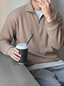 DAZY 春秋款針織羅紋拉鍊立領長袖卡其色男士套頭衛衣連帽衫 - 卡其色 - 查看 6
