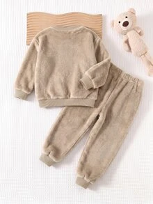 Cozy Pixies 兒童小男孩卡通熊圖案抓絨內裡加厚圓領長袖套頭運動衫與鬆緊腰秋冬長褲2件套 - 卡其色 - 查看 2